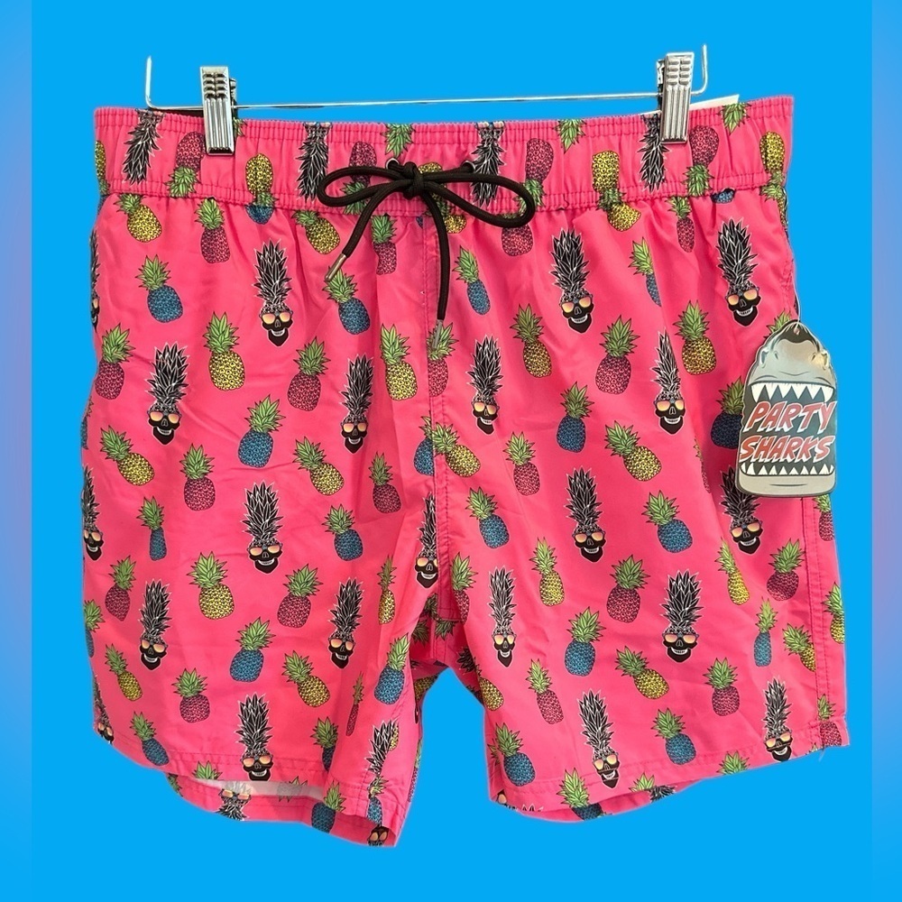 NWT Party Sharks Swim Trunks Size XL Shorts Hot Pink W/Pineapples Quick Dry